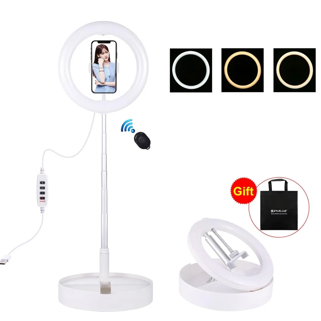 10.2 Dual-colour Led Ring Light with Usb Bluetooth Remote and Phone Holder