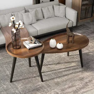 2 Piece Mid Century Coffee Table Set Solid Wood Drop Shape Nesting Tables