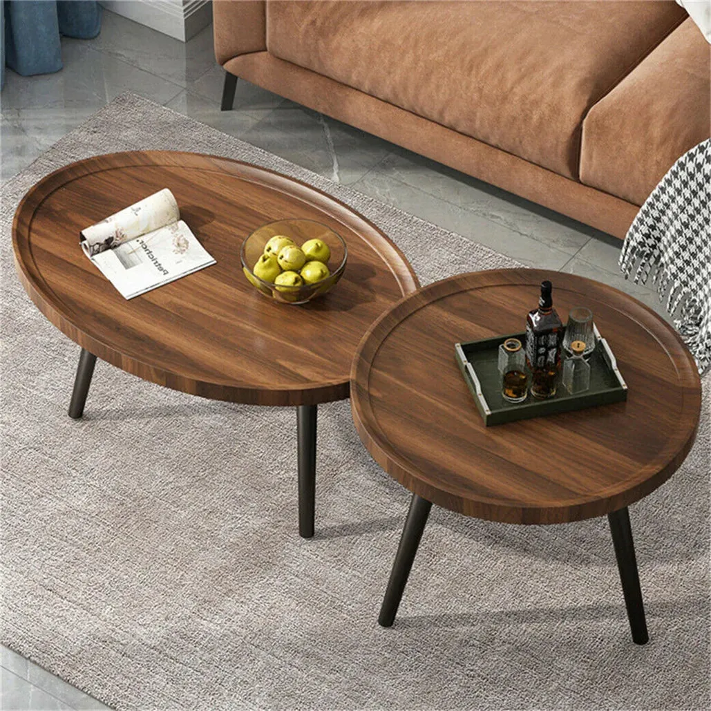 2 Piece Mid Century Coffee Table Set Solid Wood Drop Shape Nesting Tables