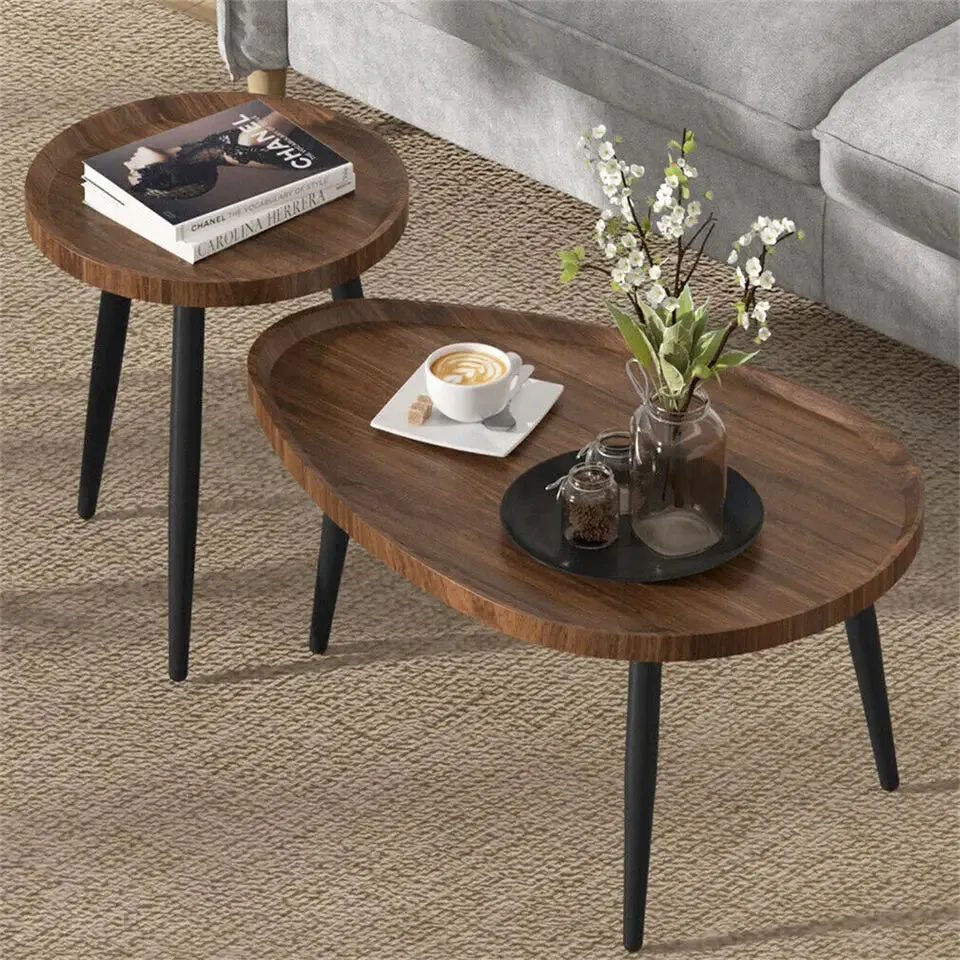 2 Piece Mid Century Coffee Table Set Solid Wood Drop Shape Nesting Tables