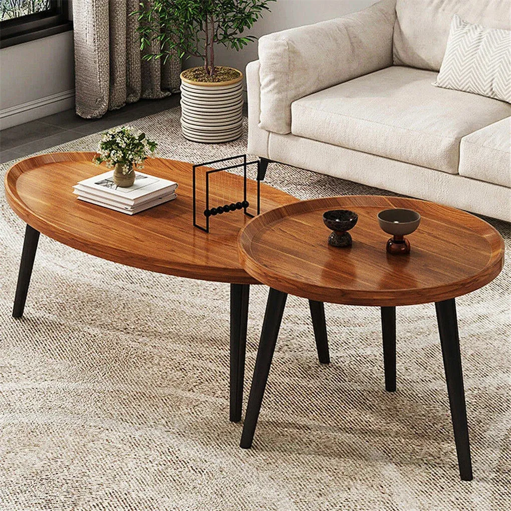 2 Piece Mid Century Coffee Table Set Solid Wood Drop Shape Nesting Tables