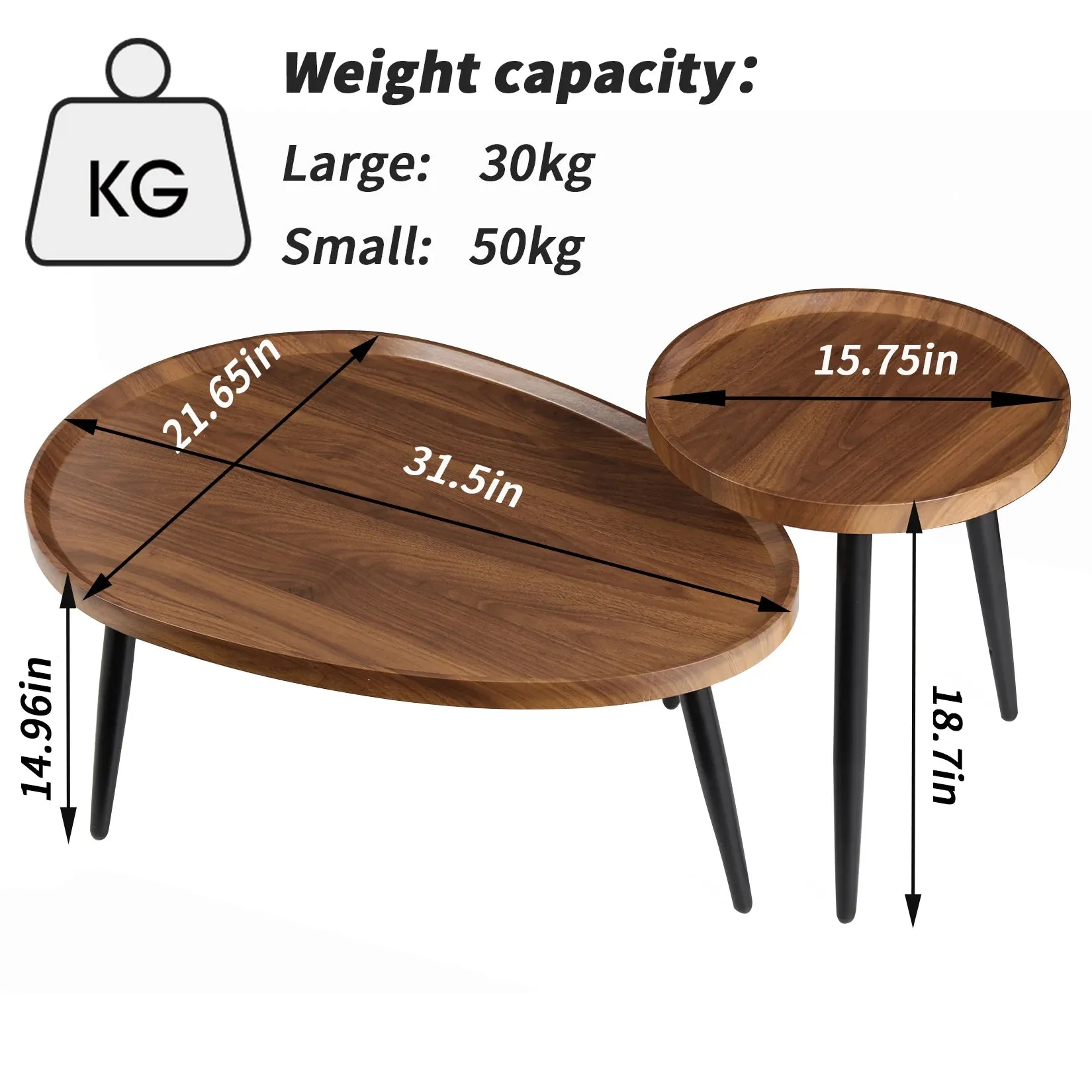 2 Piece Mid Century Coffee Table Set Solid Wood Drop Shape Nesting Tables