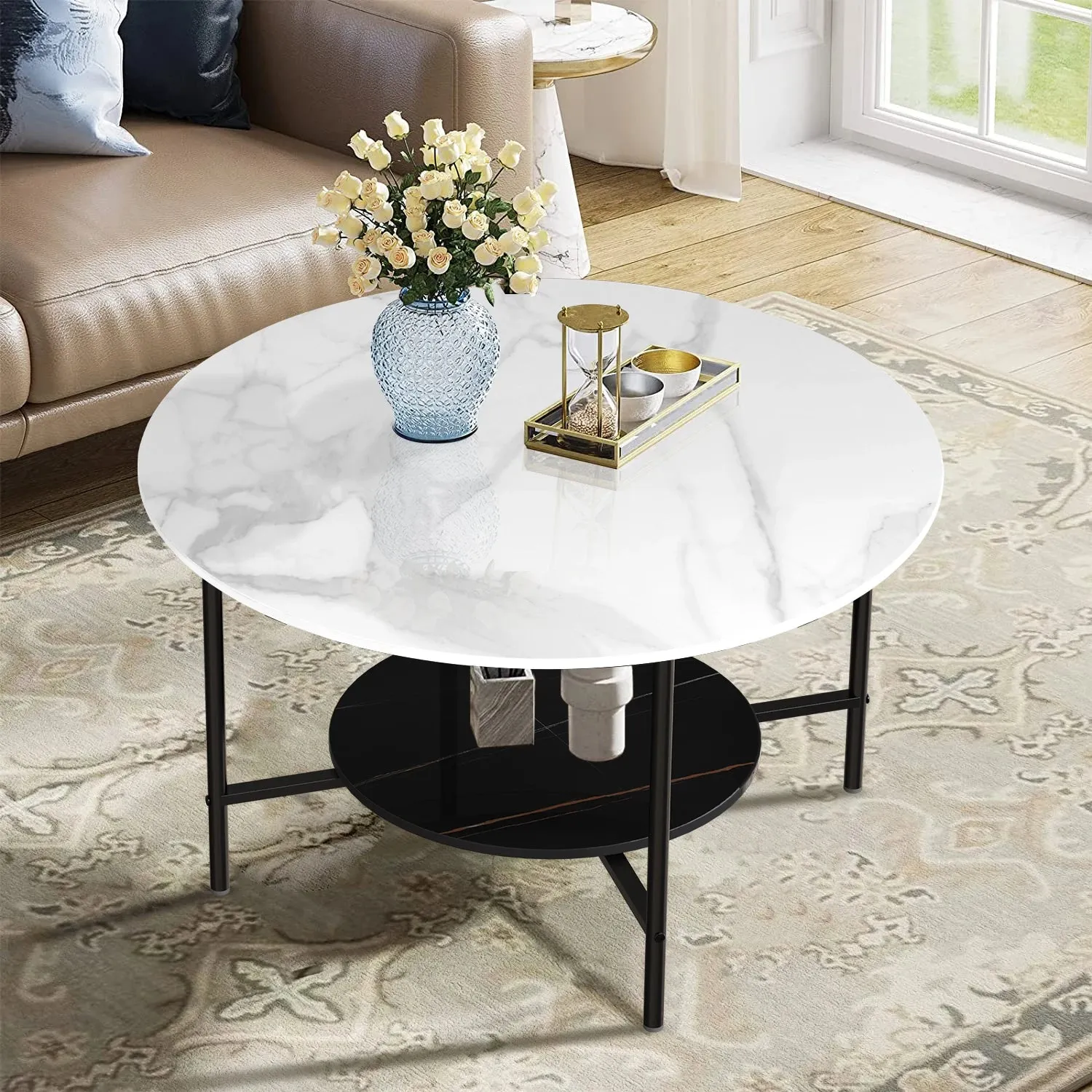 2 Tier Marble Coffee Table Open Storage