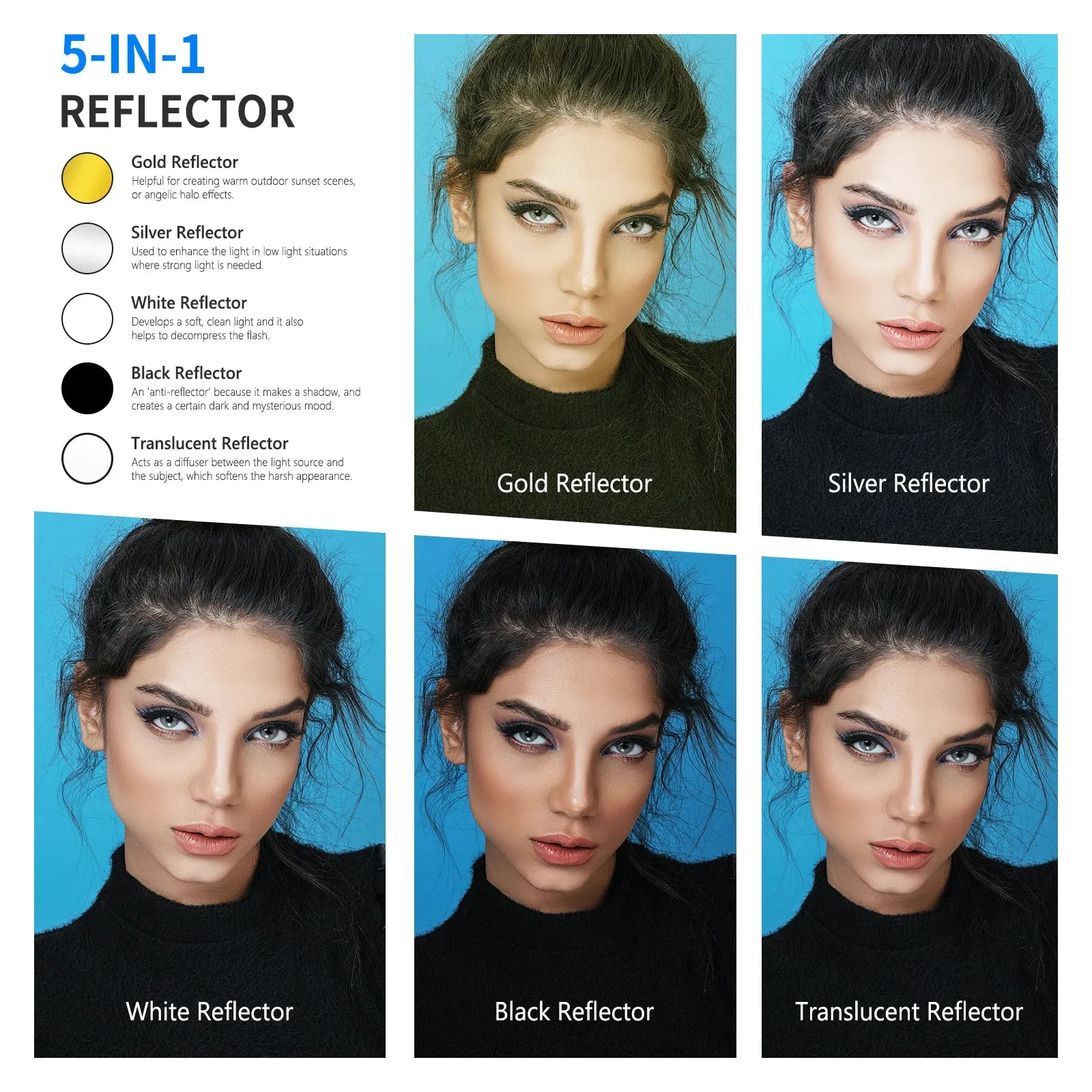 5 in 1 Portable 80cm Light Reflector with Grip & Bag for Studio & Outdoor Photography