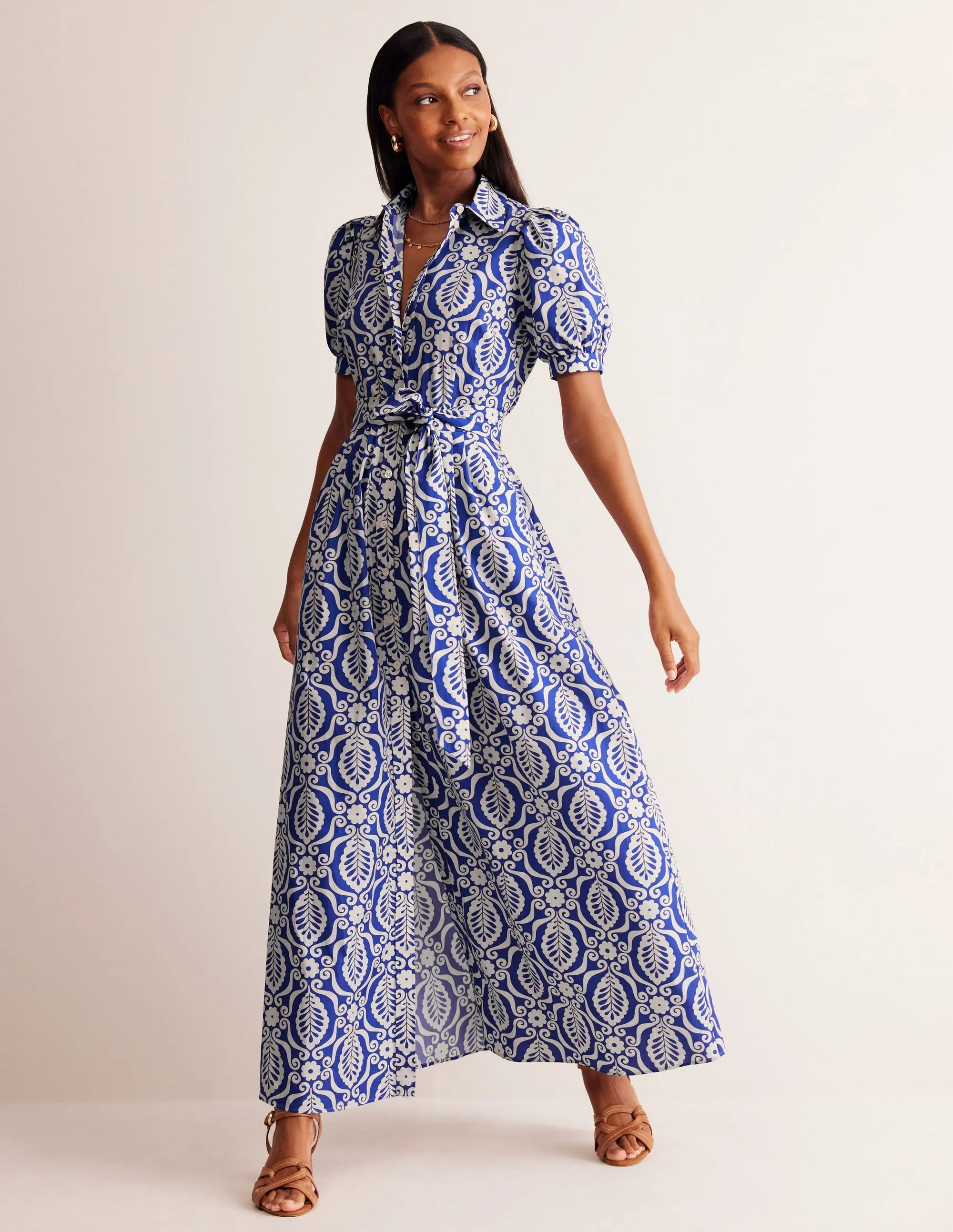 Alexa Maxi Shirt Dress-Mazarine Blue, Foliage Stamp