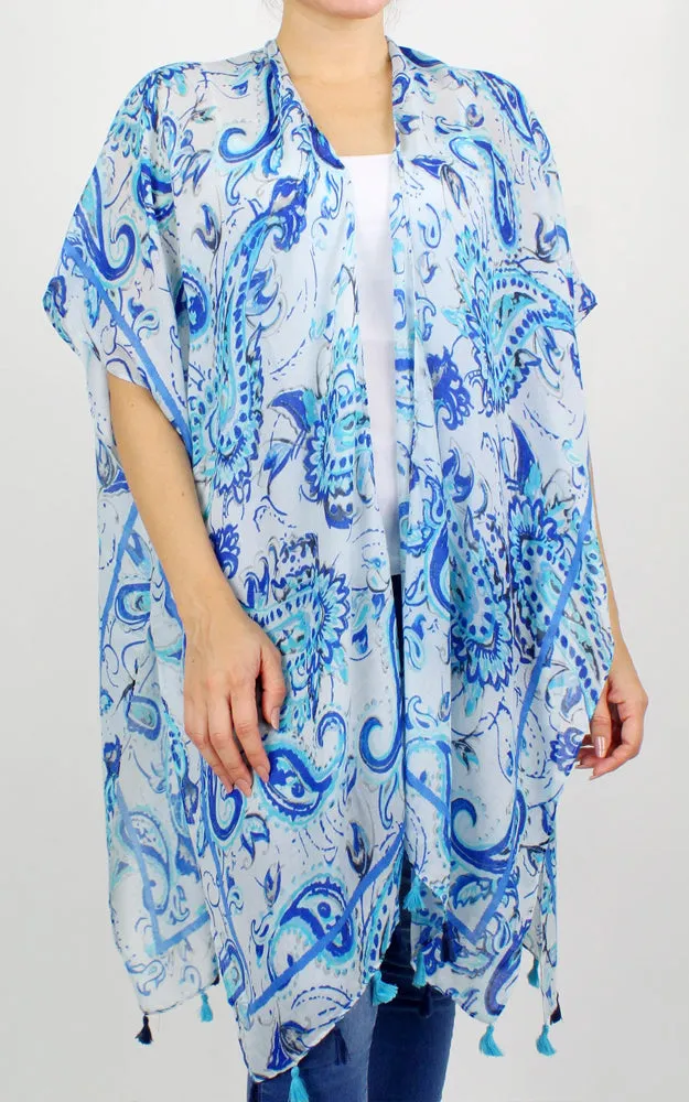 EVT10189 100% Premium Viscose Paisley Print Kimono Cover Up W/Tassels