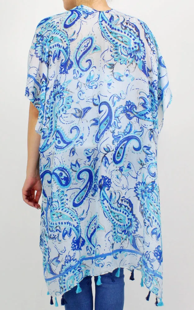 EVT10189 100% Premium Viscose Paisley Print Kimono Cover Up W/Tassels