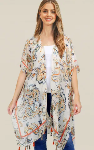 EVT10189 100% Premium Viscose Paisley Print Kimono Cover Up W/Tassels