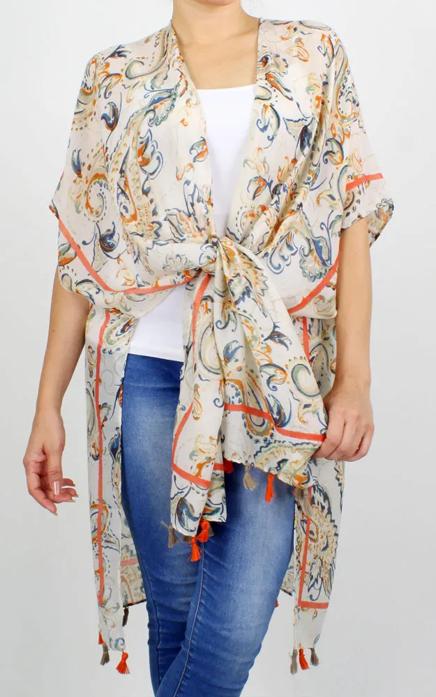 EVT10189 100% Premium Viscose Paisley Print Kimono Cover Up W/Tassels