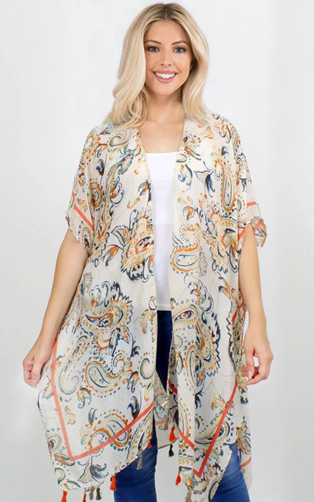 EVT10189 100% Premium Viscose Paisley Print Kimono Cover Up W/Tassels