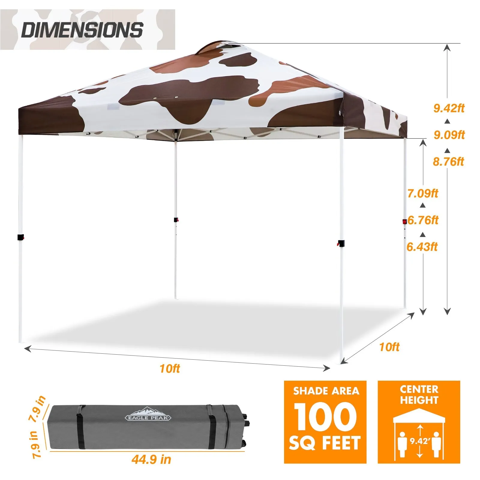 Pop Up Canopy Tent, 100sqft of Shade, Brown Cow Print