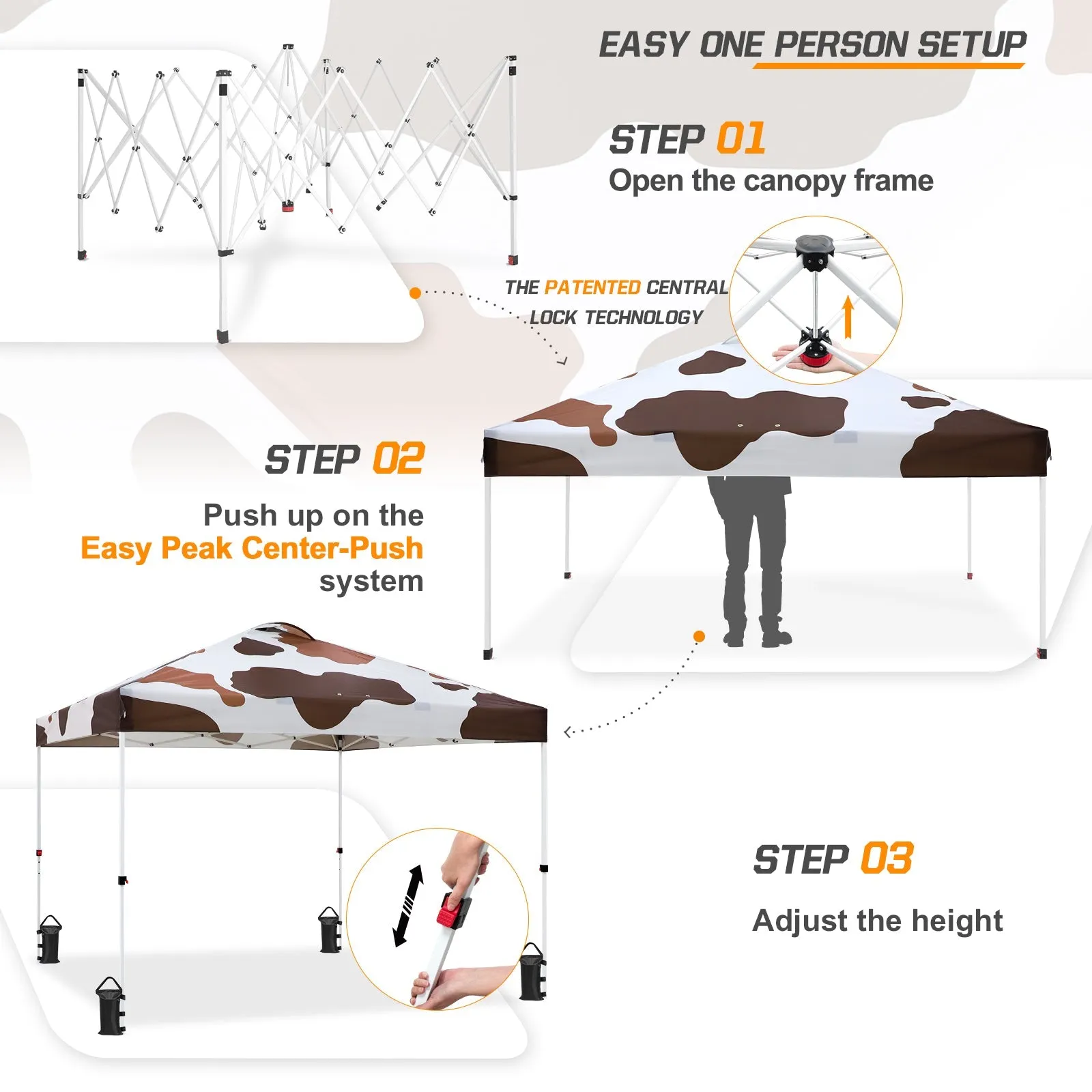 Pop Up Canopy Tent, 100sqft of Shade, Brown Cow Print