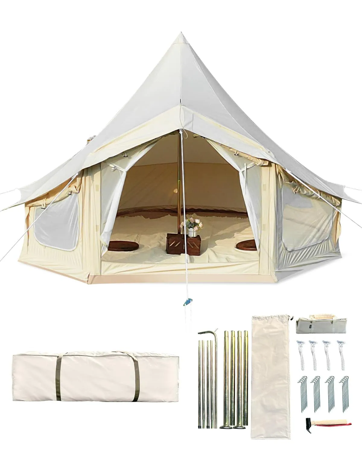 premium Canvas Bell Tent, 4 Seasons Yurt Tent with 2 Stove Jack, 4 Mesh Zippers Windows, Breathable Waterproof Tent Suitable for 4-12 People, Family Camping Outdoor Party