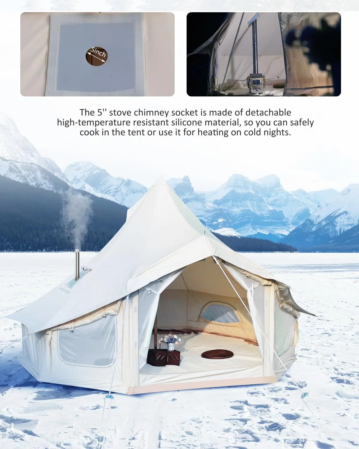 premium Canvas Bell Tent, 4 Seasons Yurt Tent with 2 Stove Jack, 4 Mesh Zippers Windows, Breathable Waterproof Tent Suitable for 4-12 People, Family Camping Outdoor Party